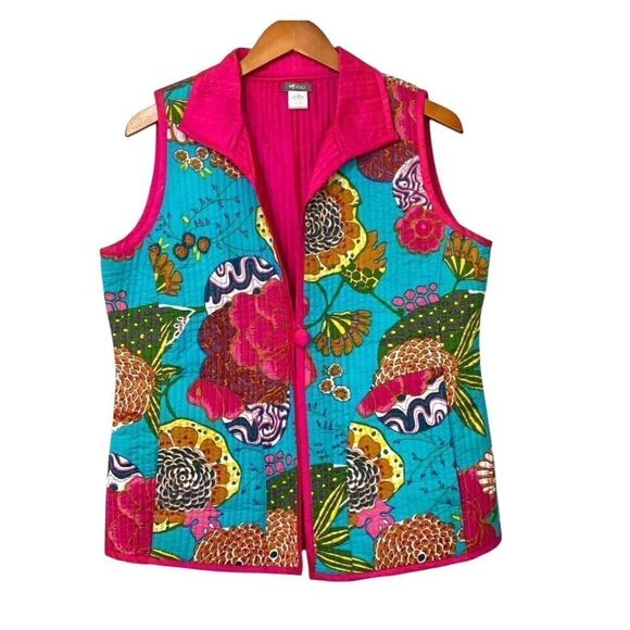Anu Women's Quilted Vest Reversible Silk Blend Multicolor Floral Hot Pink Size M - Picture 10 of 10